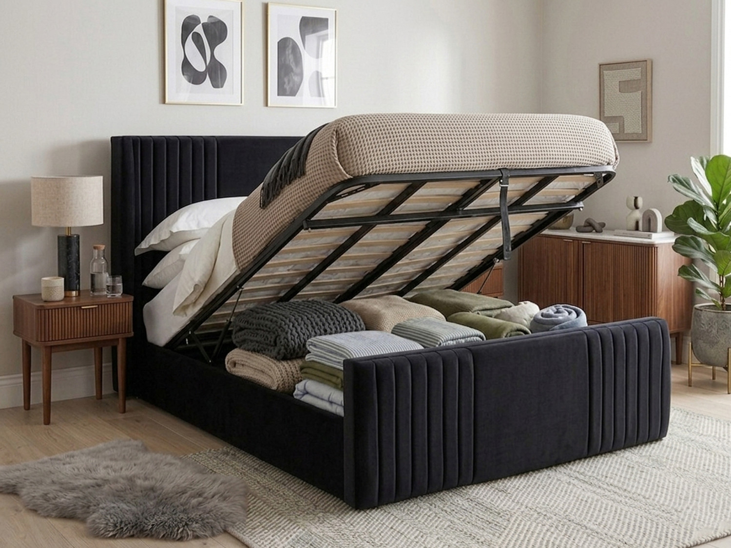 Black velvet Pepita Ottoman bed raised open, demonstrating the smooth gas-lift mechanism and easy-grip handle for convenient access to the hidden bedroom storage space